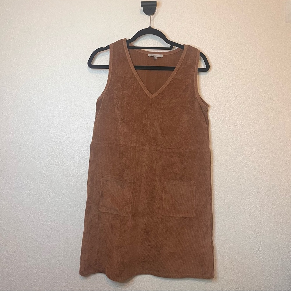 Brown Faux Suede Sleeveless Jumper Dress V-neck Size Small with Pockets